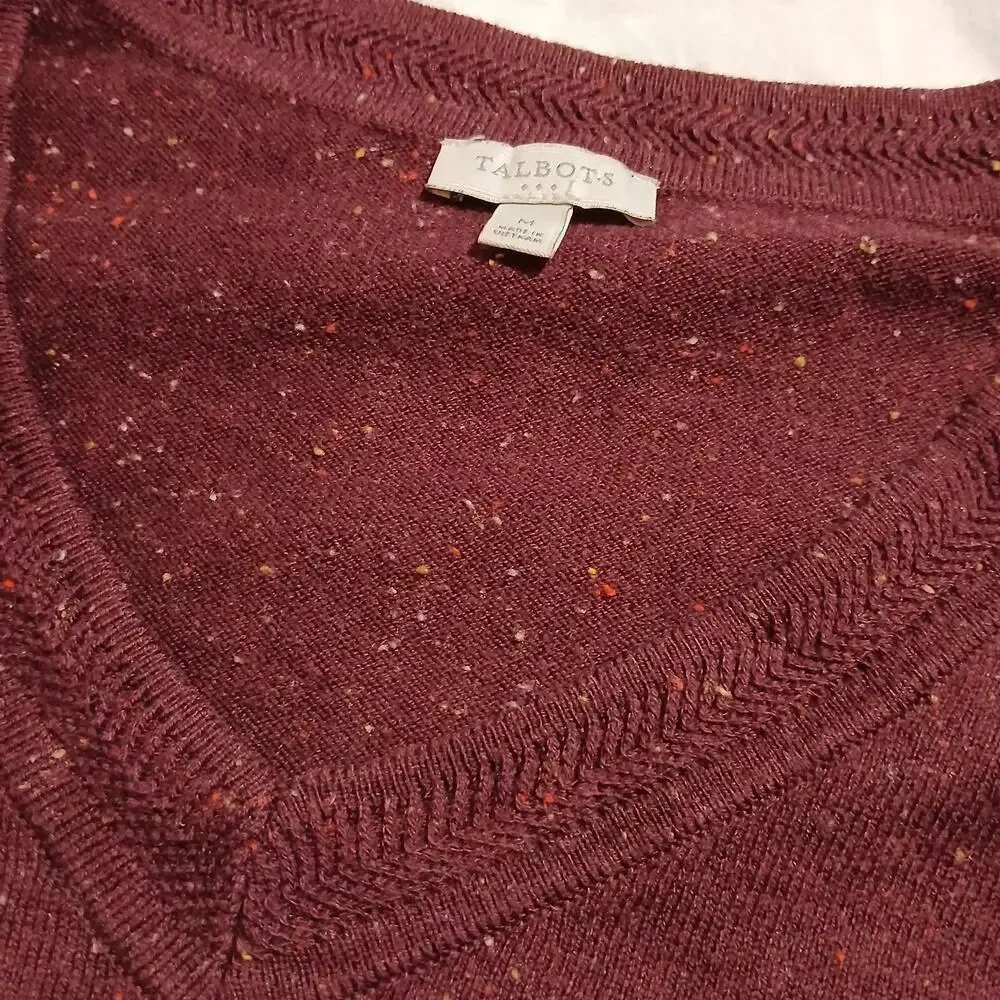 Talbots Med Maroon Multicolor Flecked V-Neck Sweater Cotton Blend Lightweight